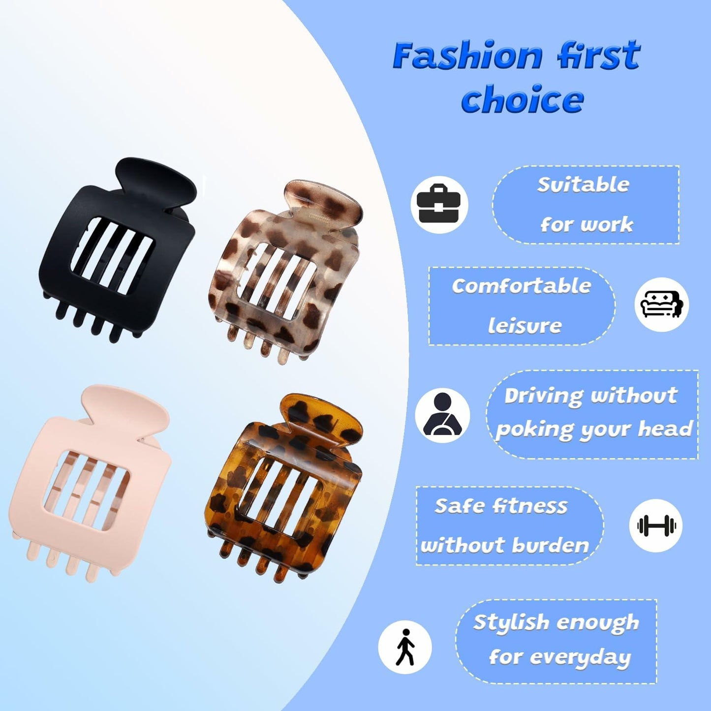 Generic 4Pcs Large Flat Square Leopard Hair Clips Claw Clips Strong Hold