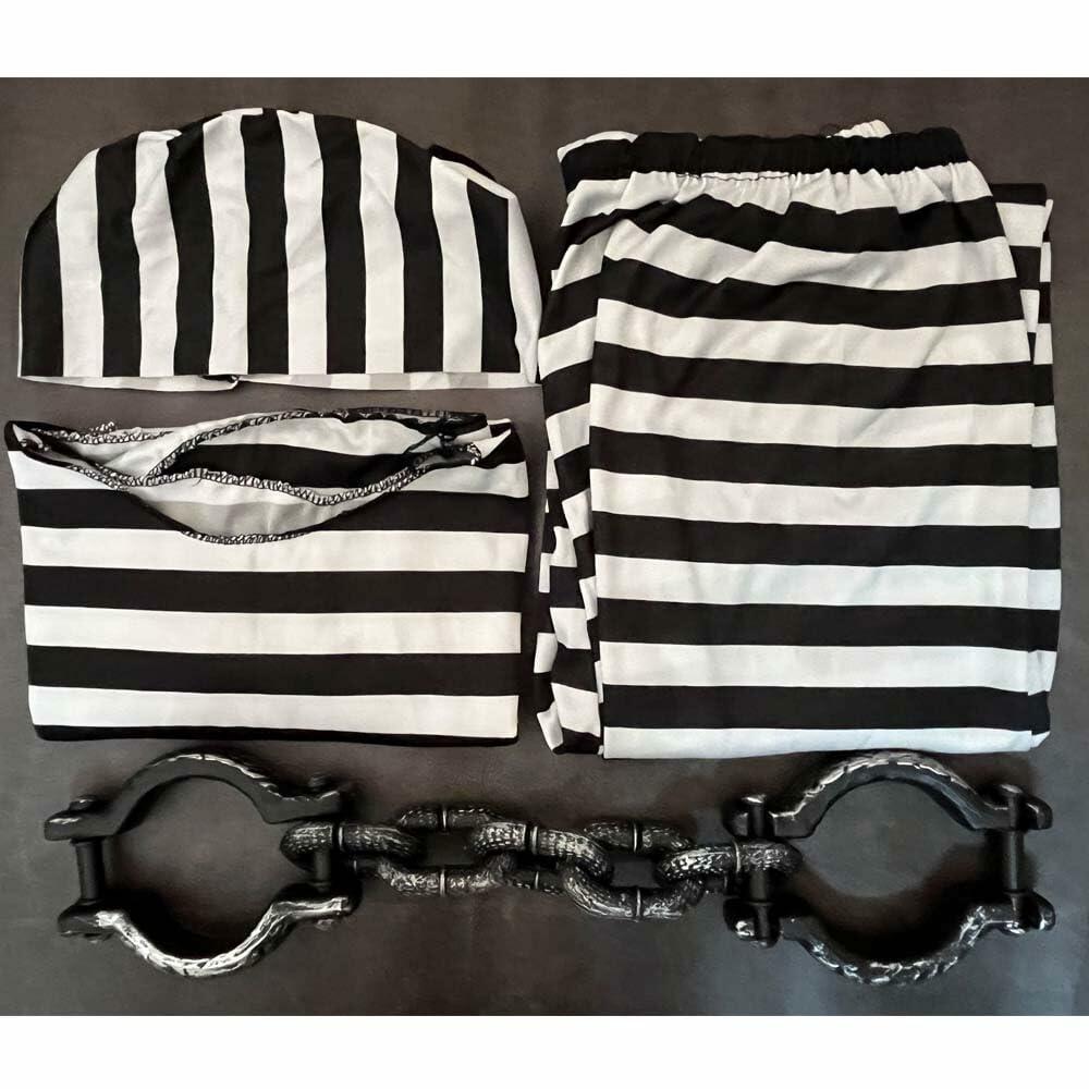 Cossneer Halloween Prisoner Costume Adult Striped Outfit with Chains One Size