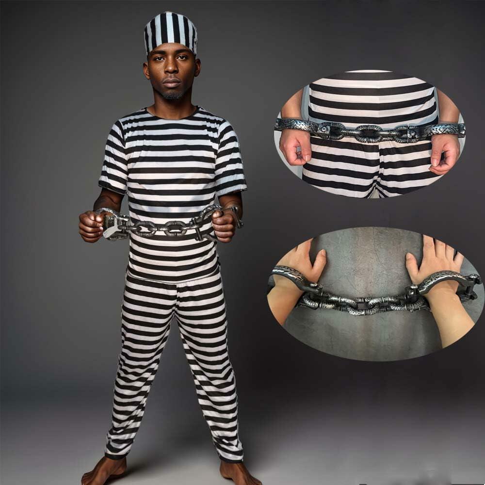 Cossneer Halloween Prisoner Costume Adult Striped Outfit with Chains One Size