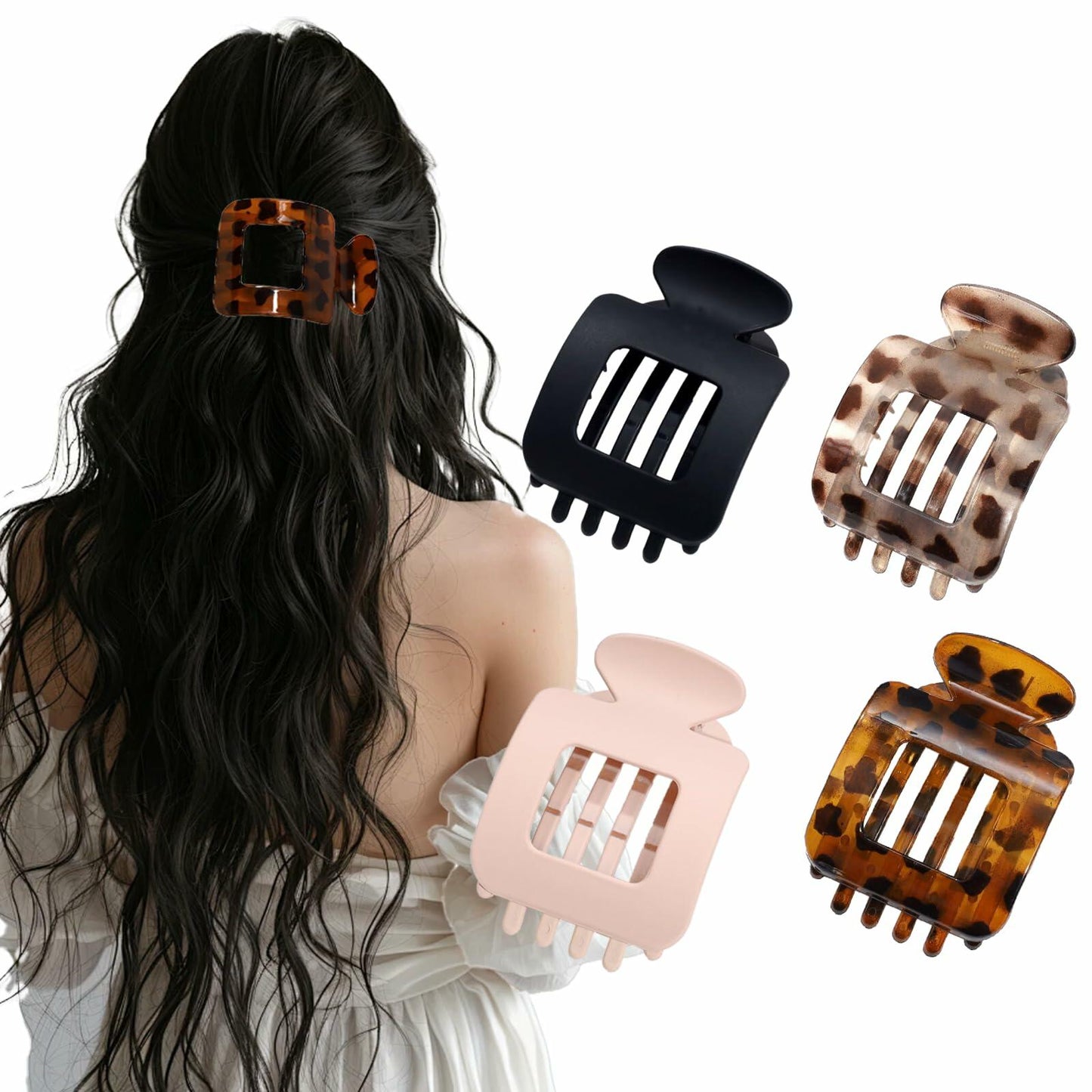 Generic 4Pcs Large Flat Square Leopard Hair Clips Claw Clips Strong Hold