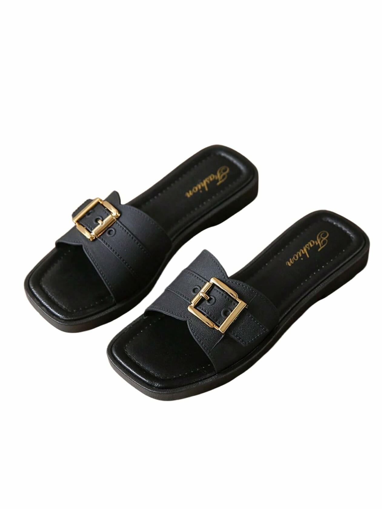 COZYEASE Women’s Slip-On Flat Sandals Square Open Toe Slide Buckle Black 8.5