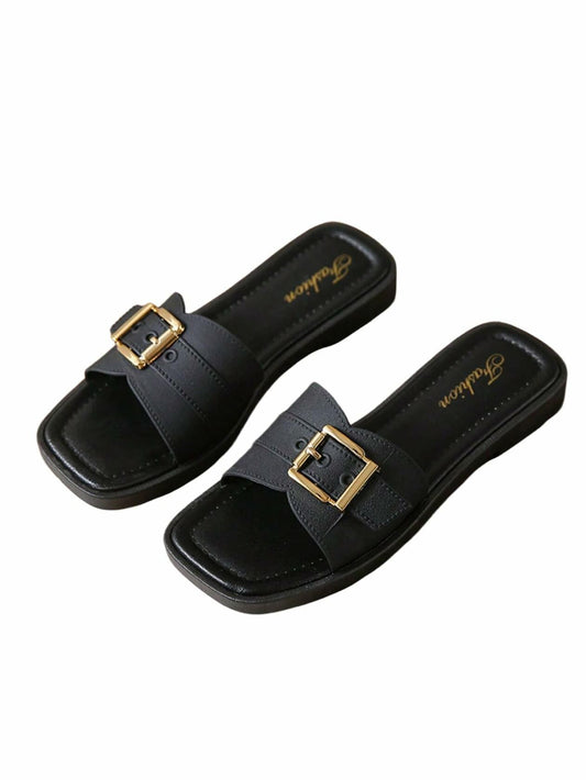 COZYEASE Women’s Slip-On Flat Sandals Square Open Toe Slide Buckle Black 8.5