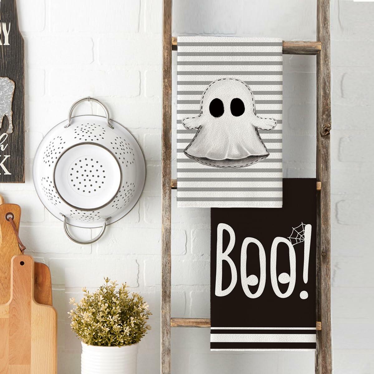 Artoid Mode Halloween Kitchen Towels Ghost Stripes Spider Web 18x26 Set 2