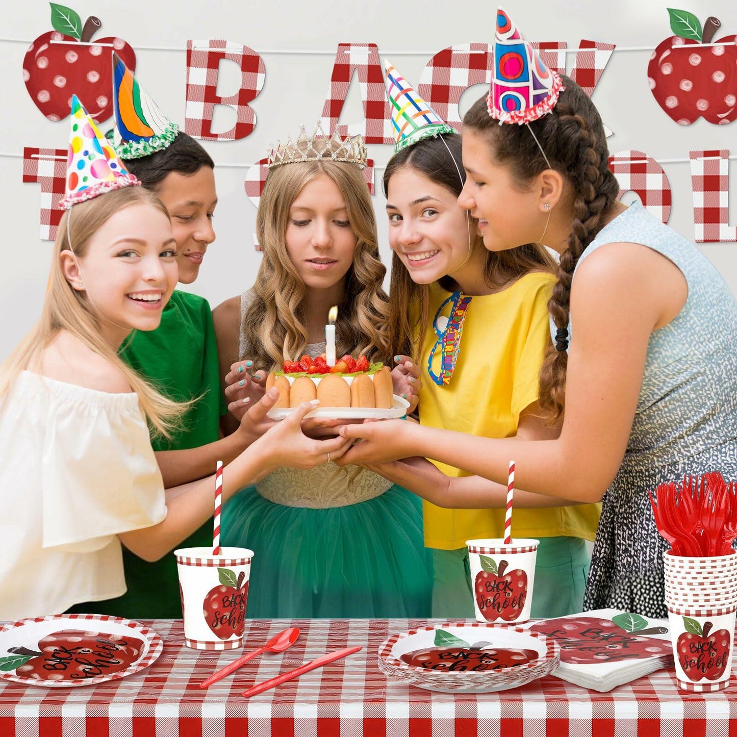 Zhehao 195 Pc Back to School Party Tableware Set Apple Red White Green