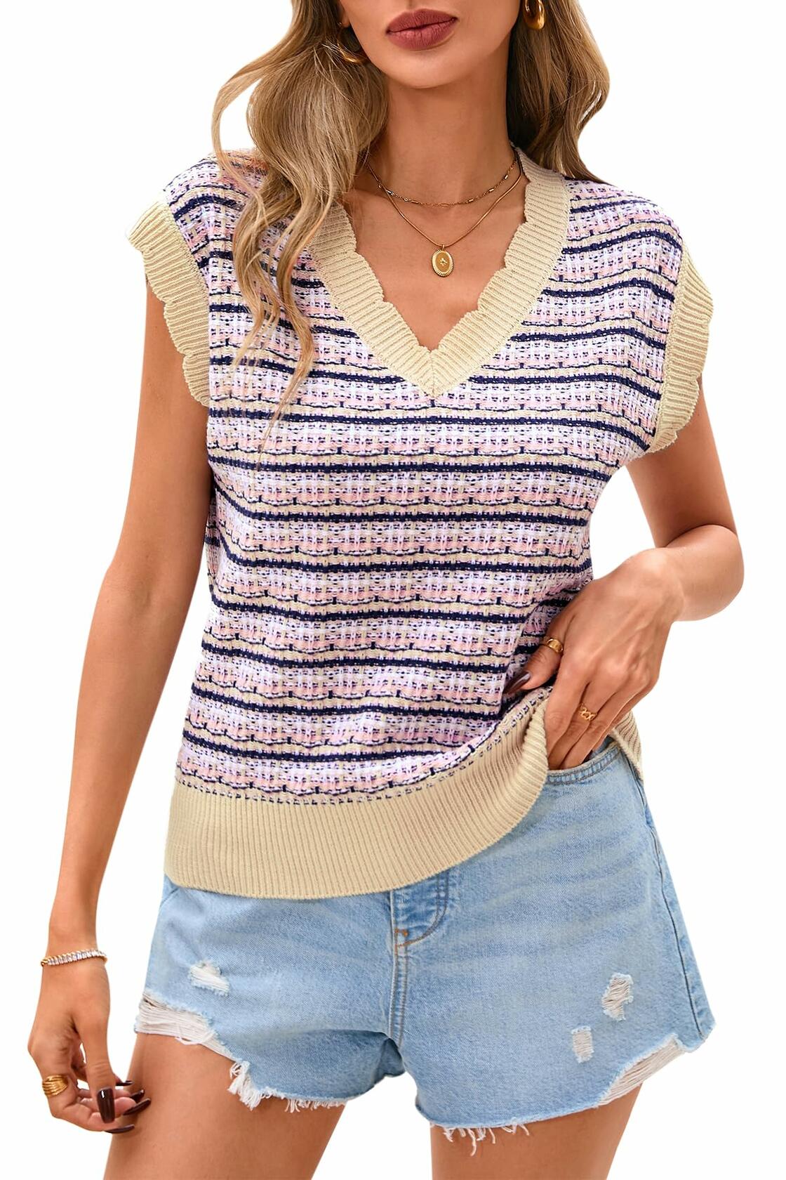 CFLONGE Women's Striped Crochet Knit Sweater Vest Pink Size XX-Large