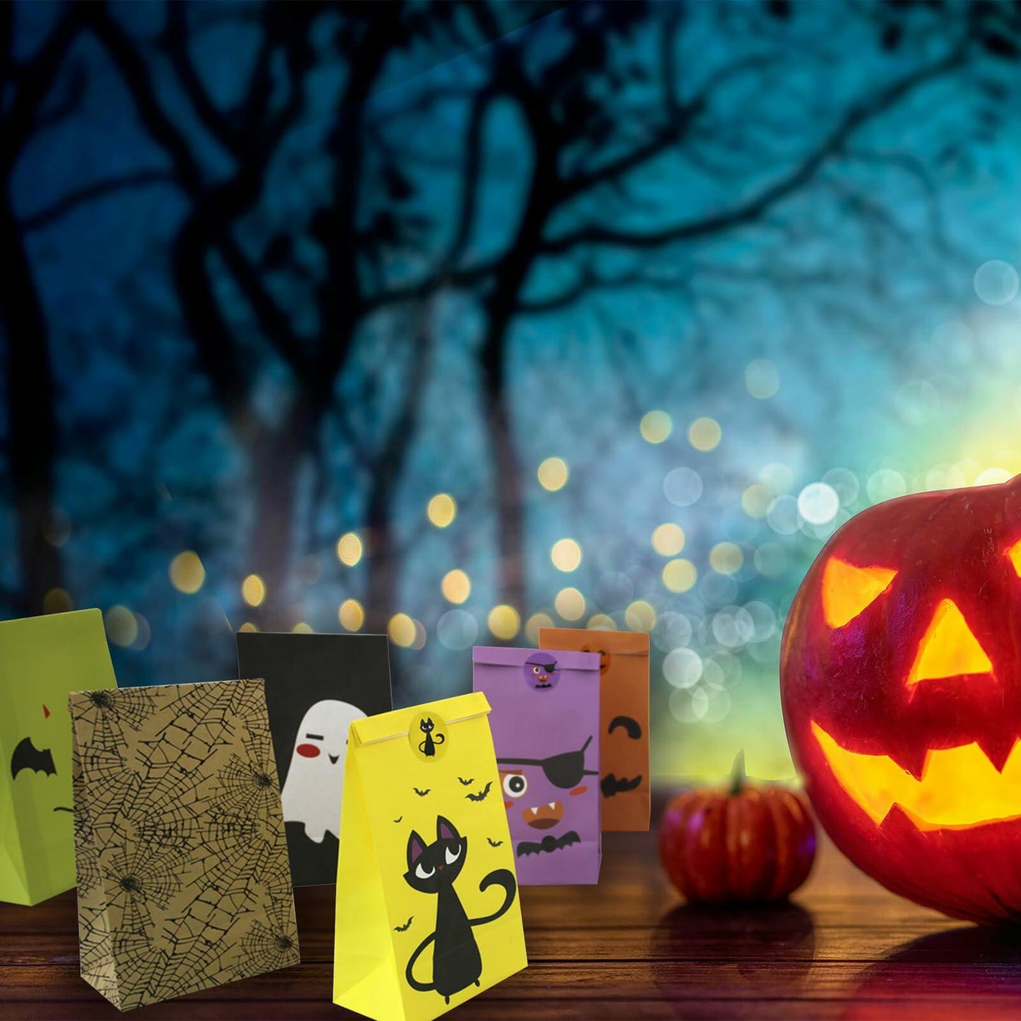 Whiosyrt Halloween Treat Bags 24 Pcs Paper Ghost Cat Pumpkin Spider Design