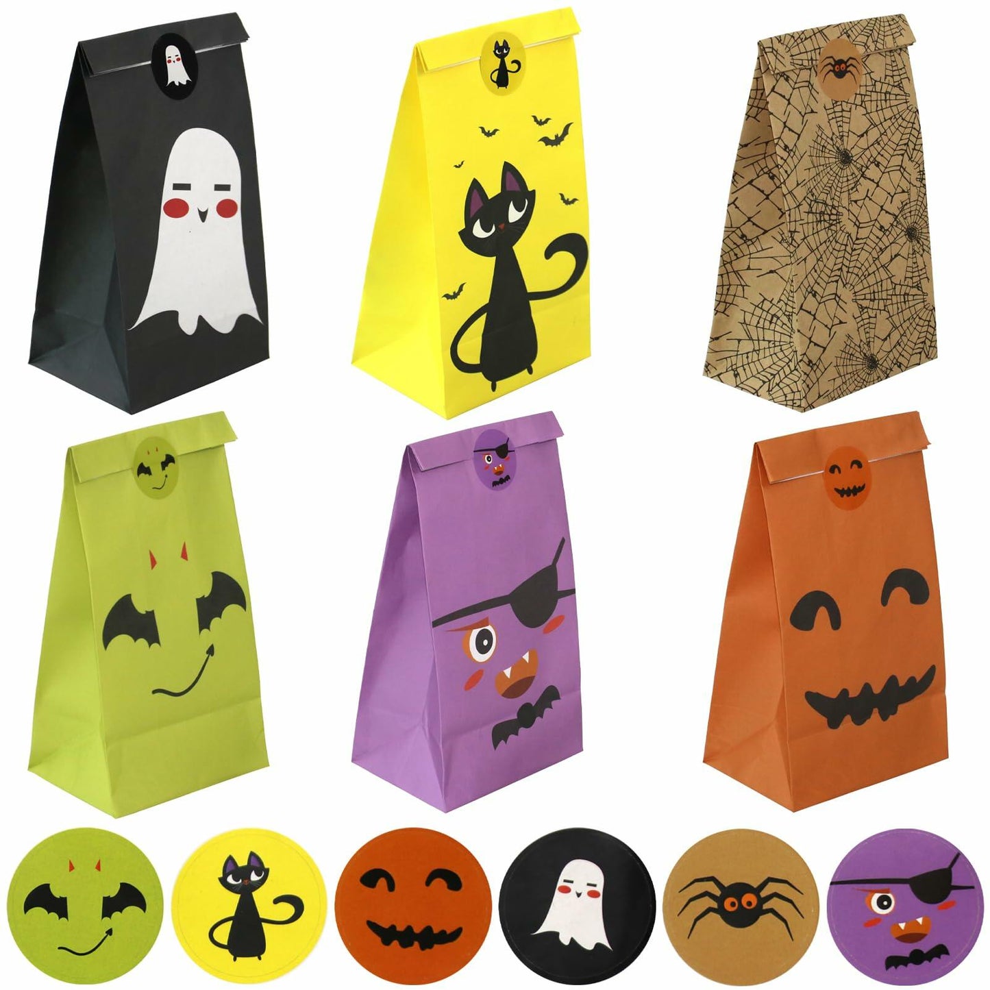 Whiosyrt Halloween Treat Bags 24 Pcs Paper Ghost Cat Pumpkin Spider Design