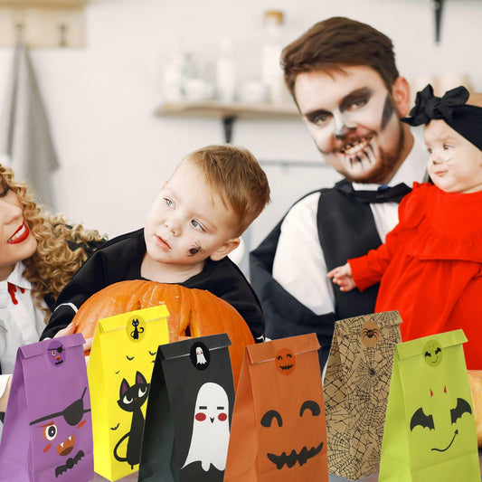 Whiosyrt Halloween Treat Bags 24 Pcs Paper Ghost Cat Pumpkin Spider Design