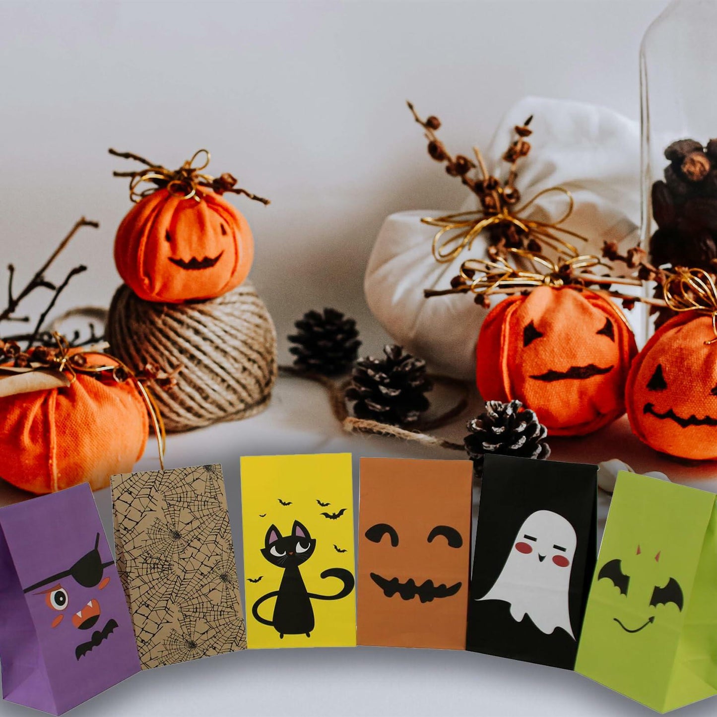 Whiosyrt Halloween Treat Bags 24 Pcs Paper Ghost Cat Pumpkin Spider Design