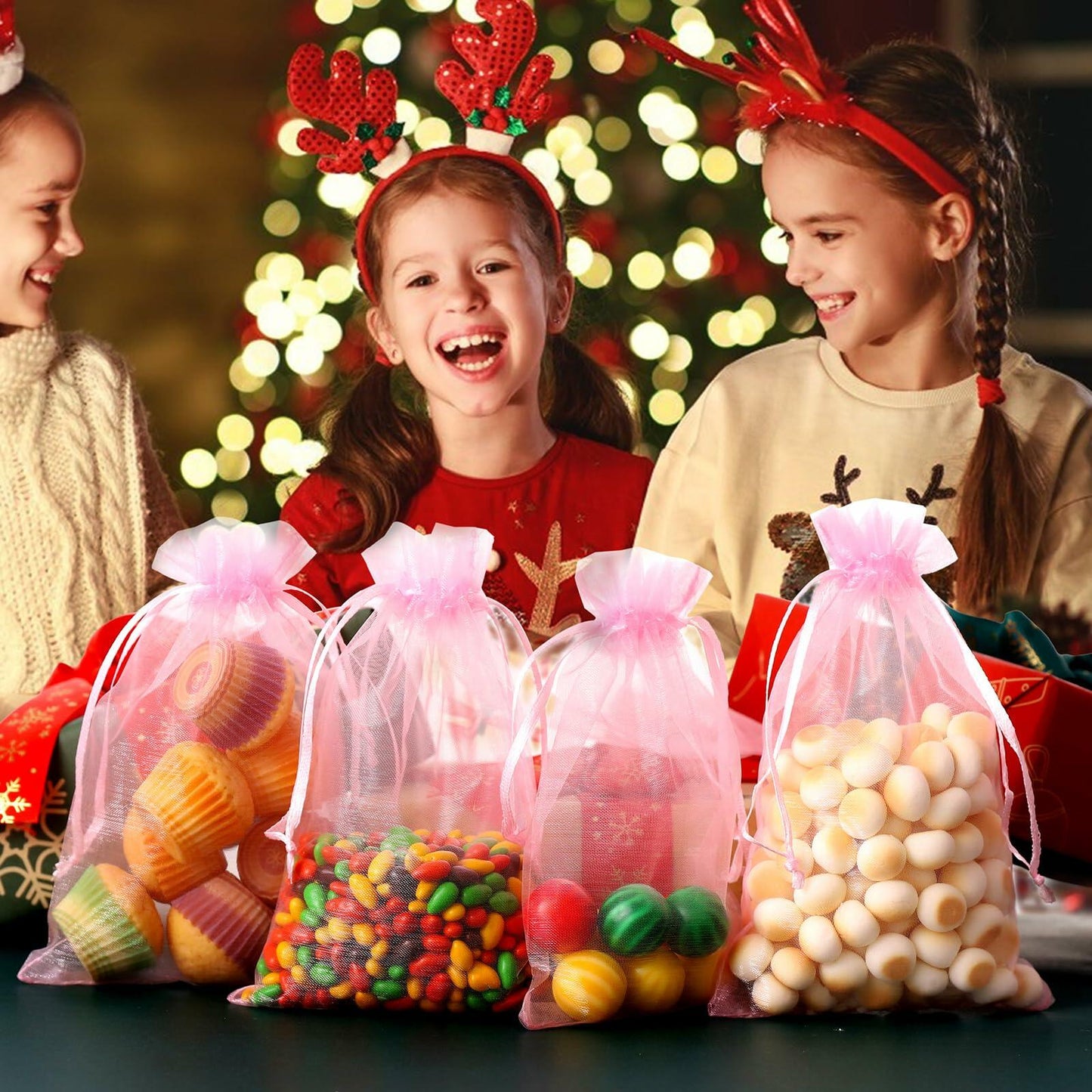 WenTao Organza Gift Bags 4x6in Pink 100pcs Drawstring Jewelry Pouches