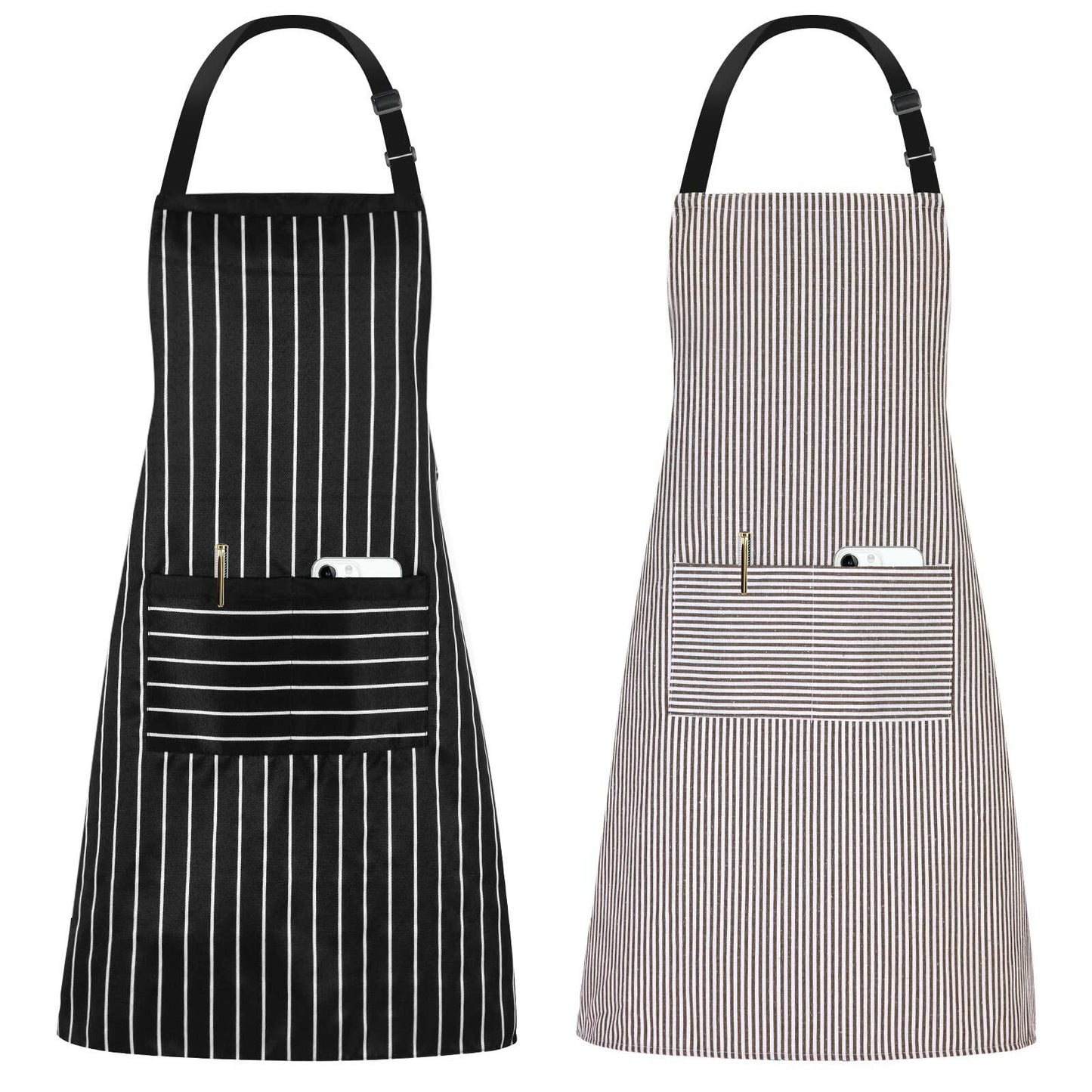 Jubatus 2 Pack Adjustable Kitchen Aprons with Pockets Black Brown Stripe 84x67cm