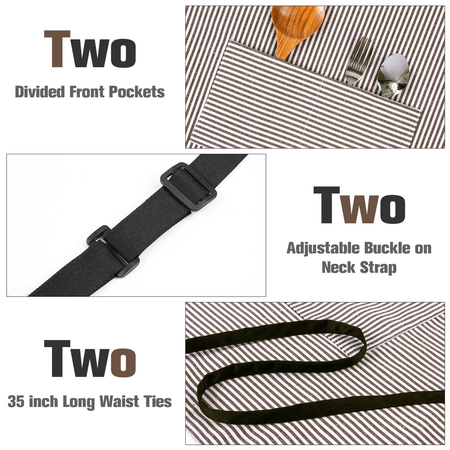 Jubatus 2 Pack Adjustable Kitchen Aprons with Pockets Black Brown Stripe 84x67cm