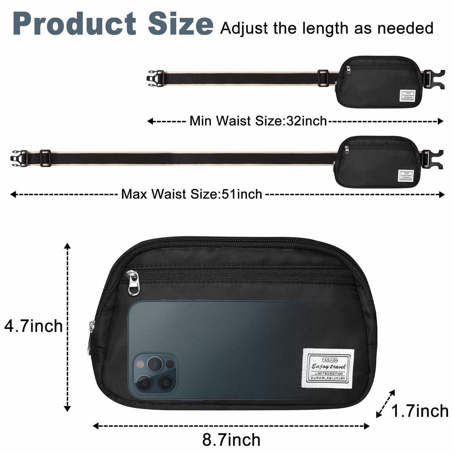 DMLuna Small Crossbody Bag Mini Waist Adjustable Strap Black Size 8.7in