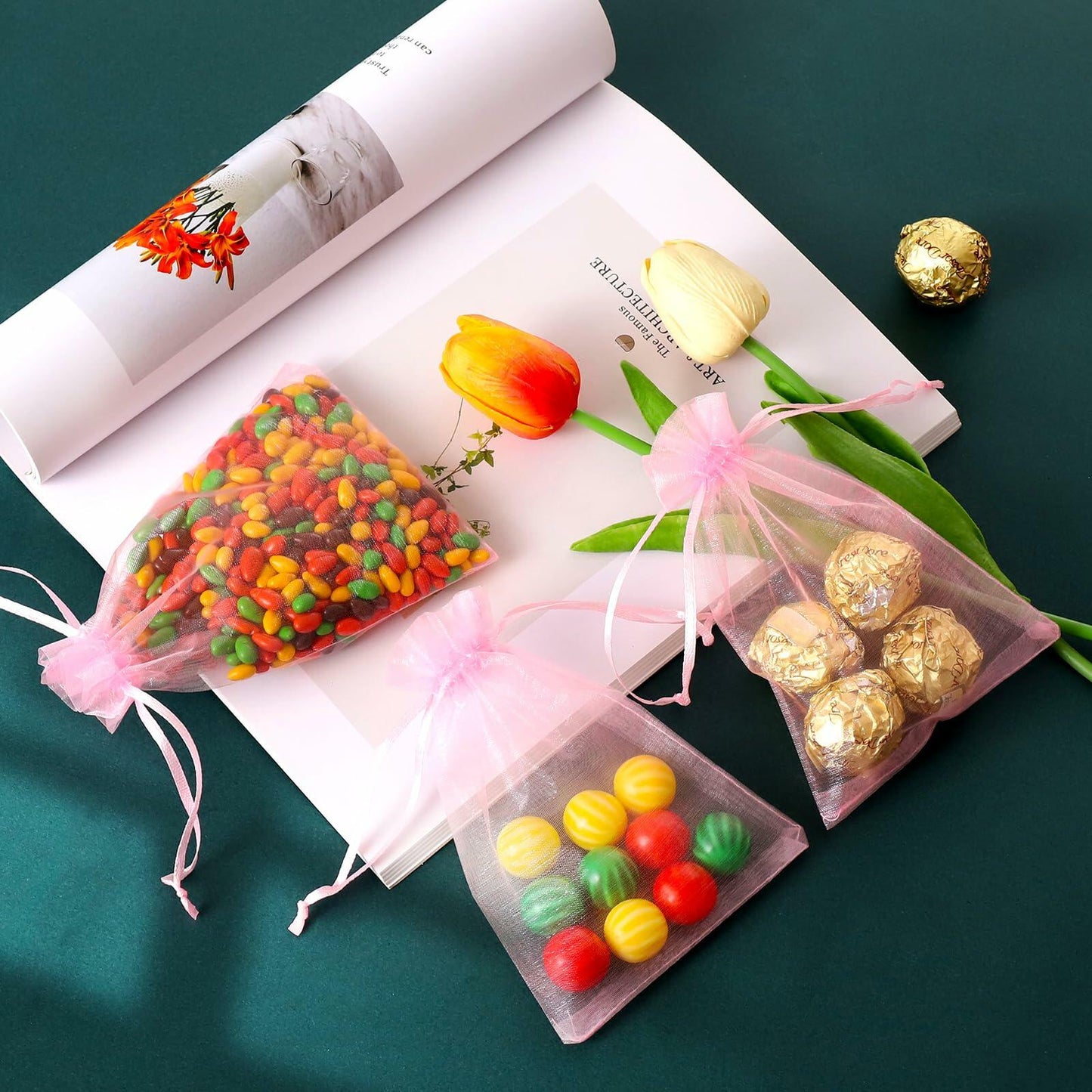 WenTao Organza Gift Bags 4x6in Pink 100pcs Drawstring Jewelry Pouches