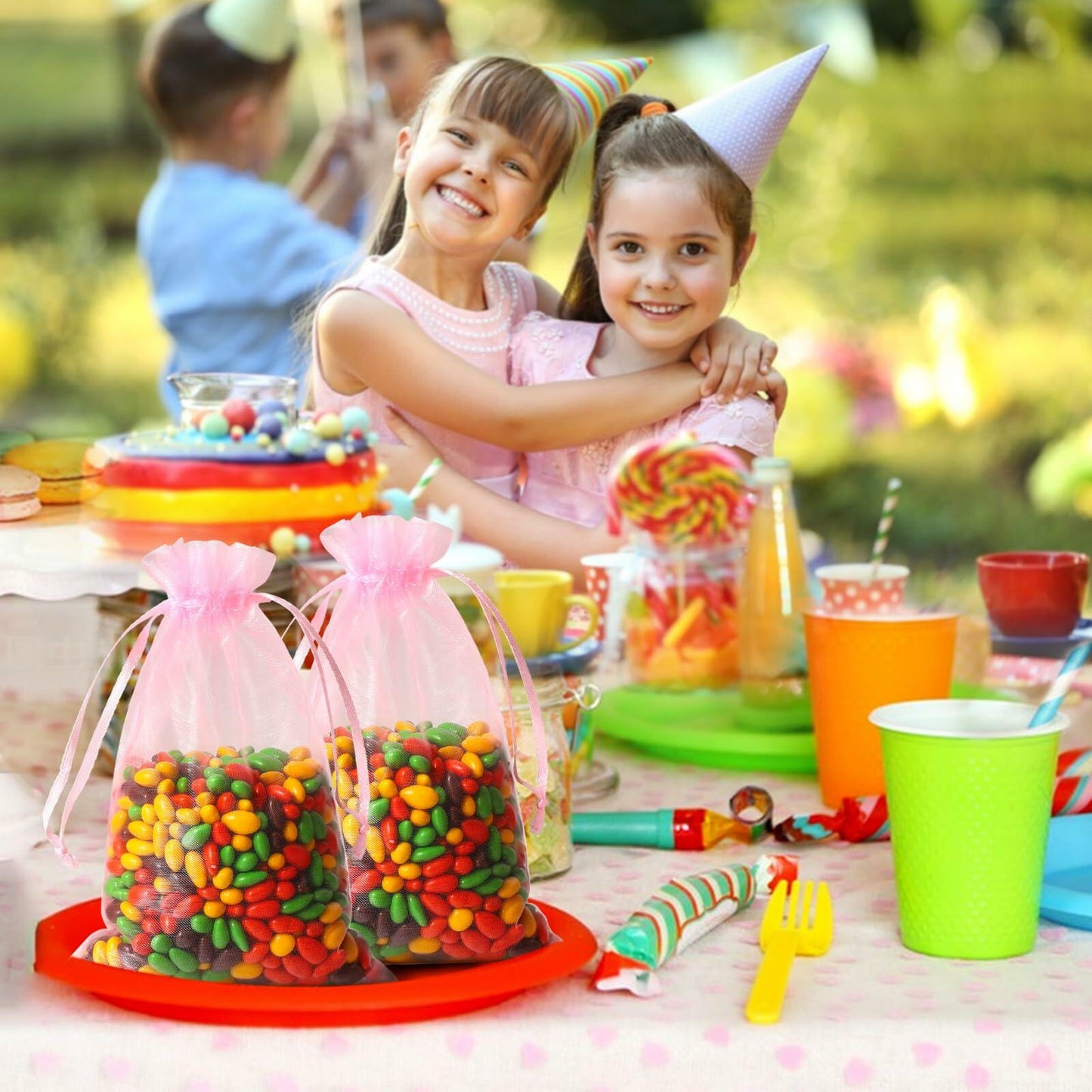 WenTao Organza Gift Bags 4x6in Pink 100pcs Drawstring Jewelry Pouches