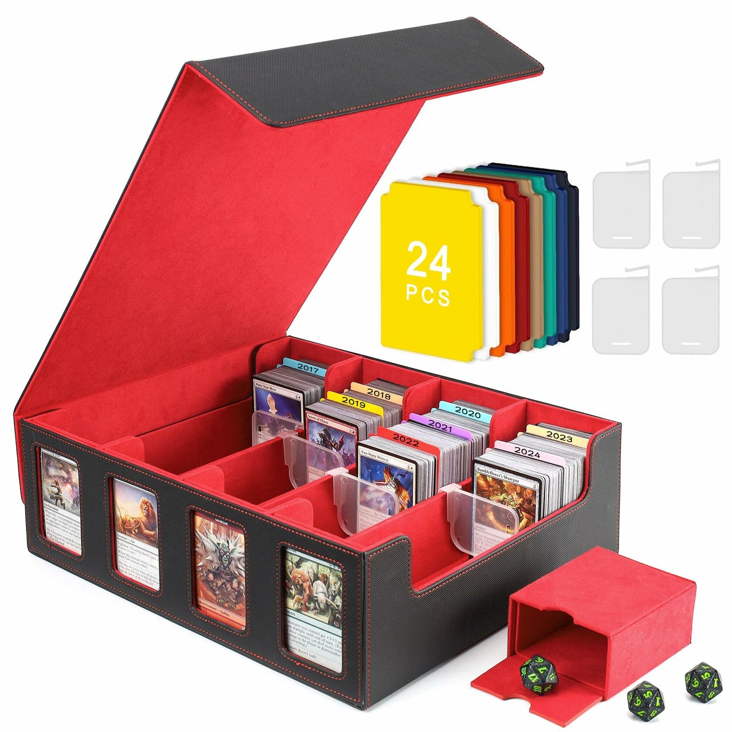 KEGGTUN Card Deck Storage Box for 3000+ MTG Cards with Dividers Dice Red&Black