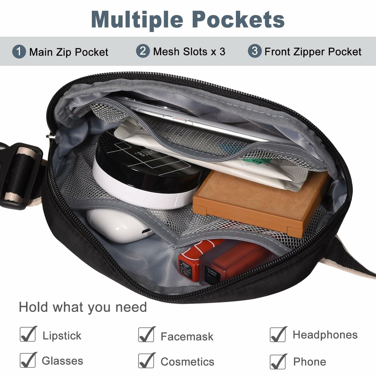 DMLuna Small Crossbody Bag Mini Waist Adjustable Strap Black Size 8.7in