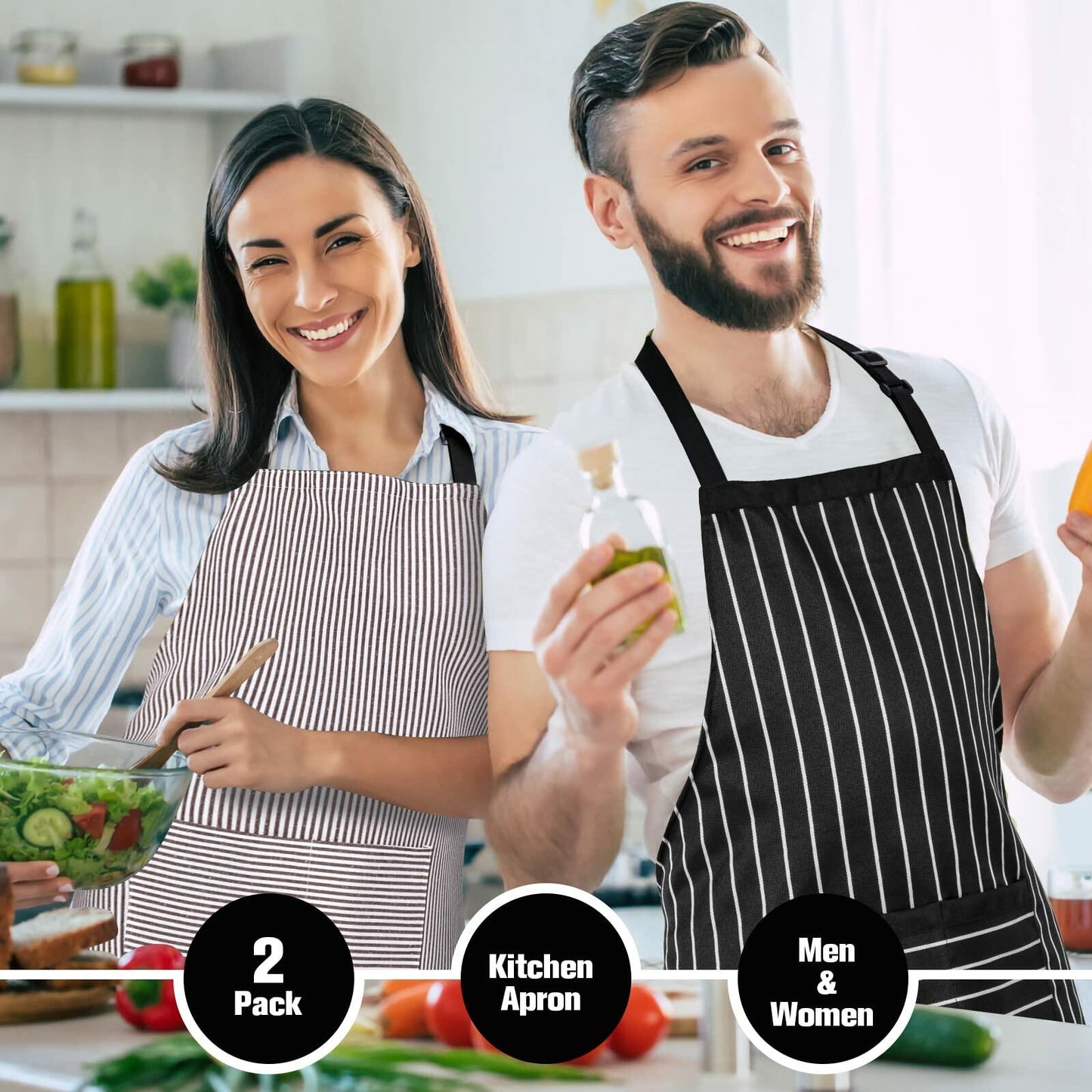 Jubatus 2 Pack Adjustable Kitchen Aprons with Pockets Black Brown Stripe 84x67cm