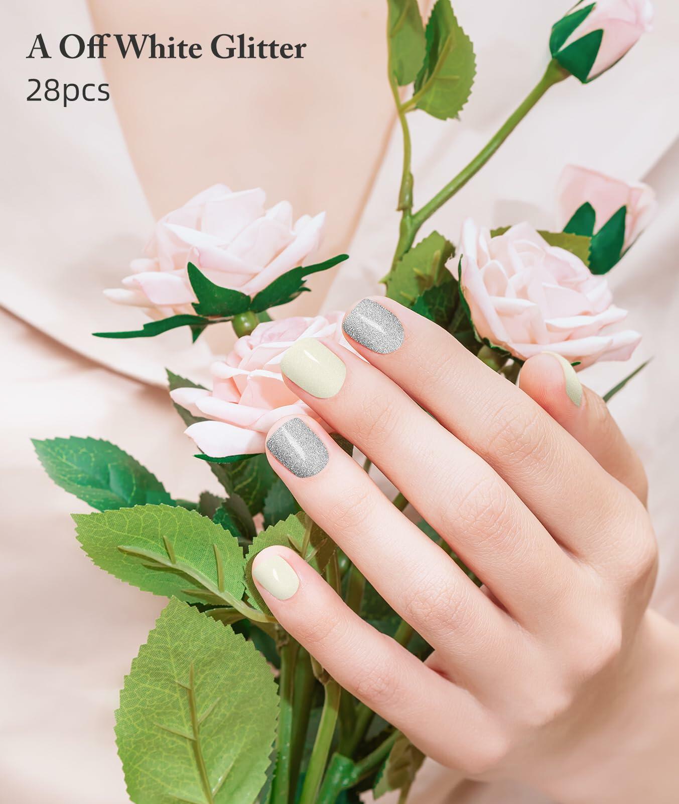 DUKASOU Semi Cured Gel Nail Strips 28 pcs Creamy White Glitter UV Light