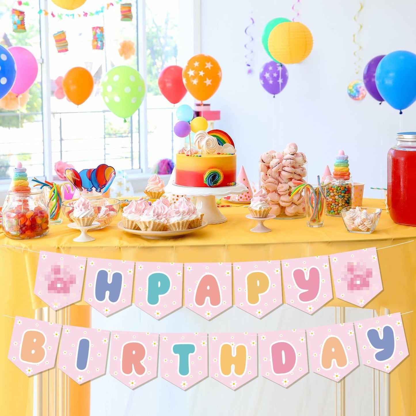 Marspark Blue Dog Birthday Banner with Daisy Flowers Pastel Colorful