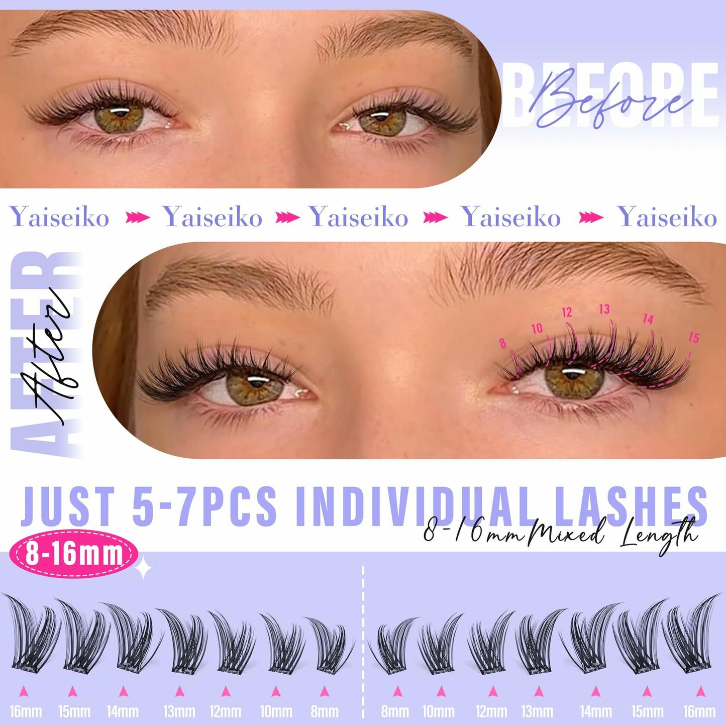 Yaiseiko Self Adhesive Lash Clusters Wispy C Curl 8-16MM 140Pcs