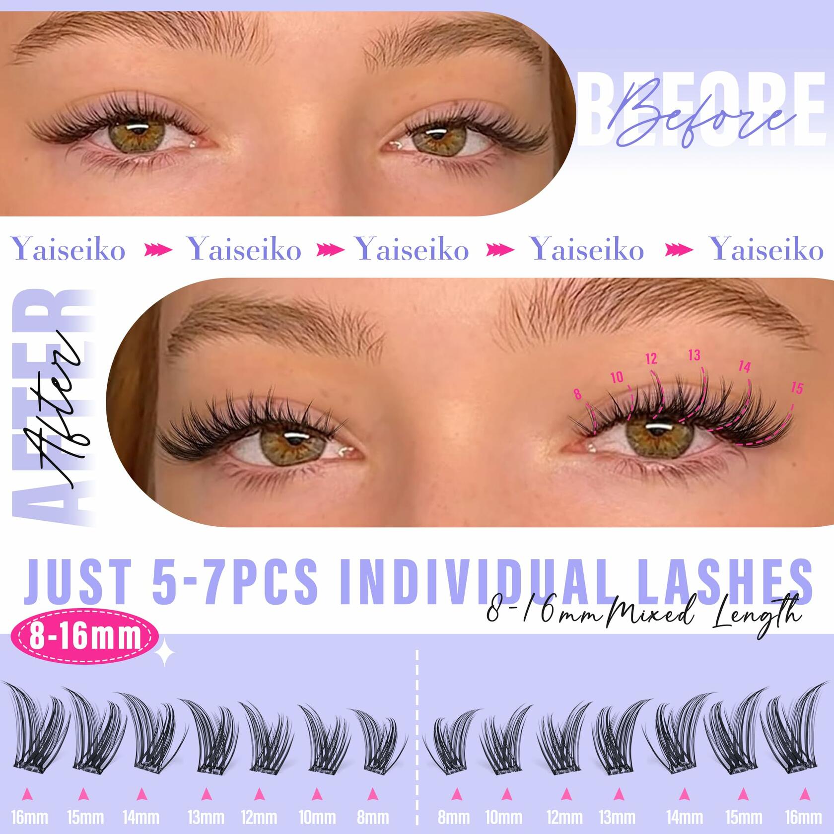 Yaiseiko Self Adhesive Lash Clusters Wispy C Curl 8-16MM 140Pcs