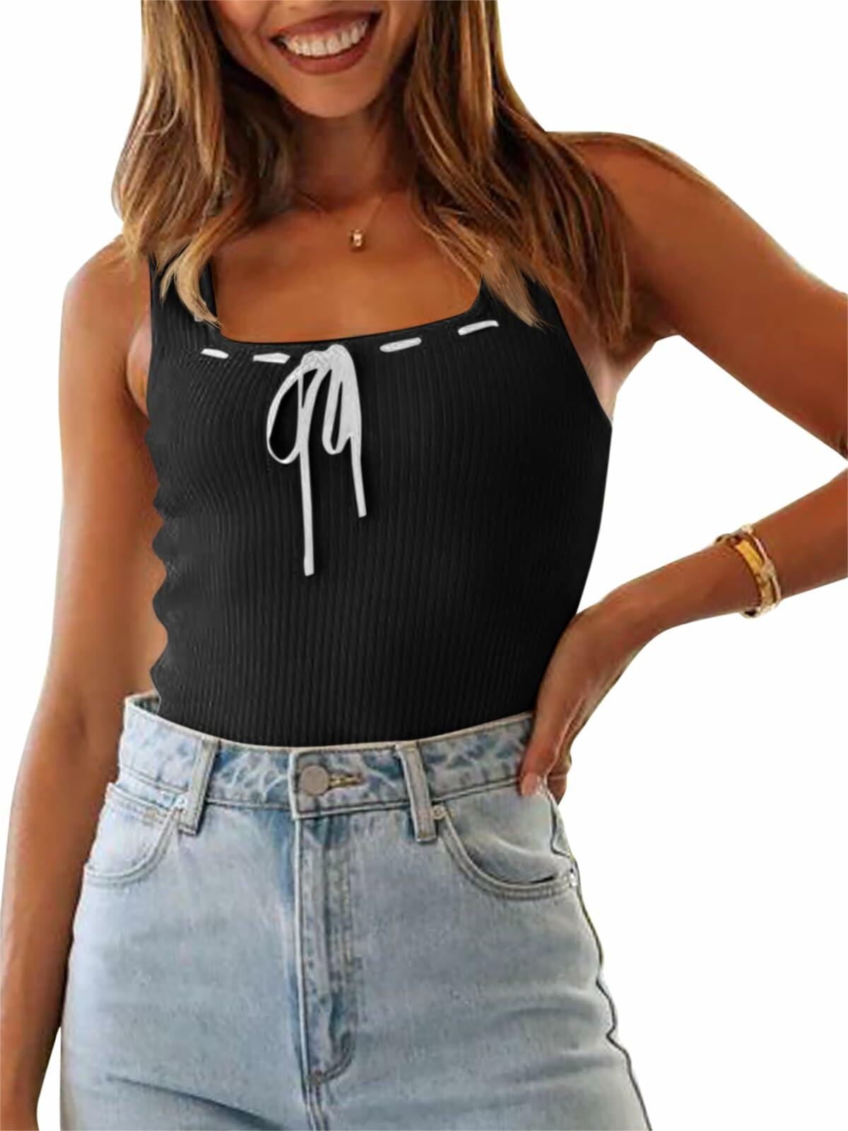 Imily Bela Womens Square Neck Ribbed Tank Top Black Size M