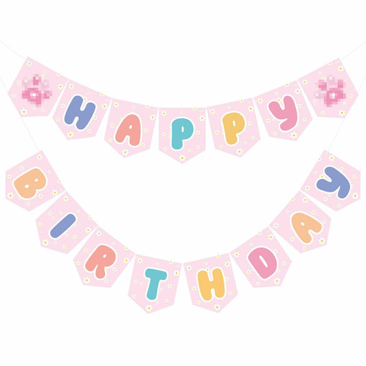 Marspark Blue Dog Birthday Banner with Daisy Flowers Pastel Colorful