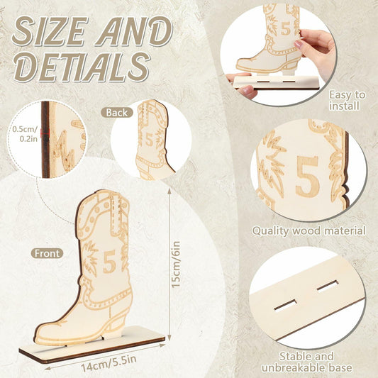 Chunful Wedding Table Numbers 1-10 Wooden Cowboy Boot with Stands Wood Color