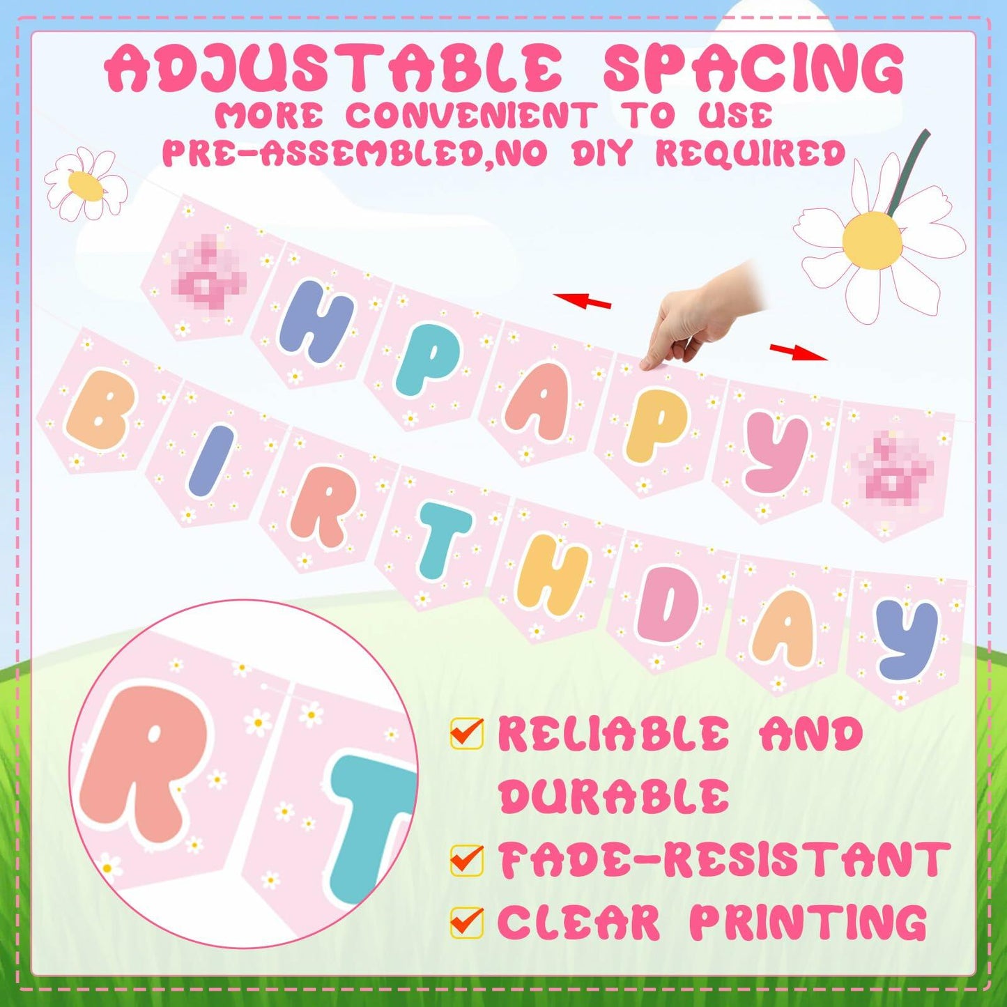 Marspark Blue Dog Birthday Banner with Daisy Flowers Pastel Colorful