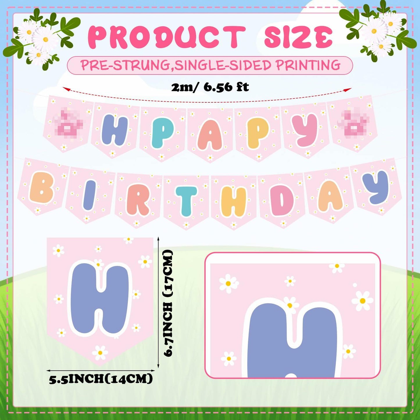 Marspark Blue Dog Birthday Banner with Daisy Flowers Pastel Colorful