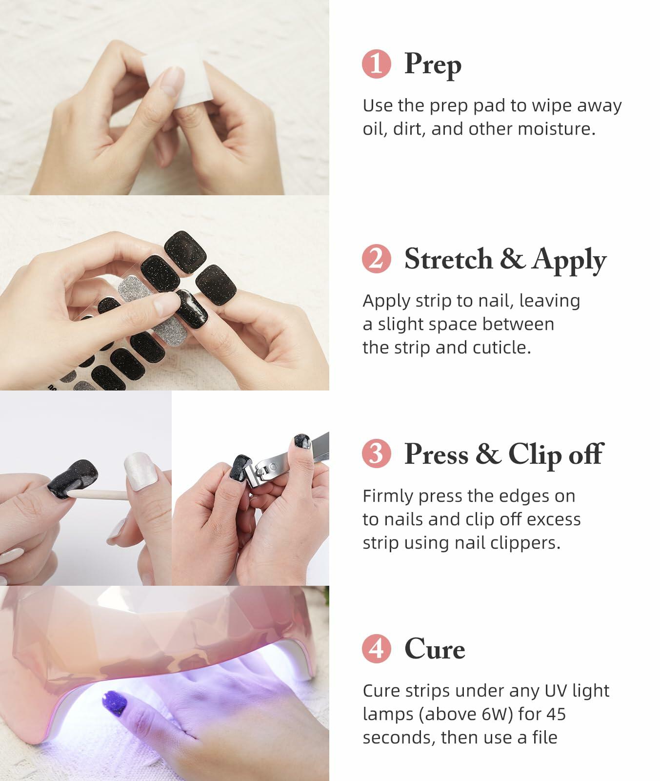 DUKASOU Semi Cured Gel Nail Strips 28 pcs Creamy White Glitter UV Light