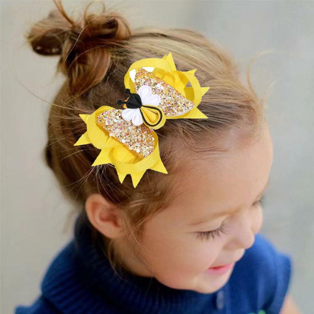 BOENBE LOVED Girls Yellow Bee Hair Clips with Ribbon Bows 2Pcs Polka Dots