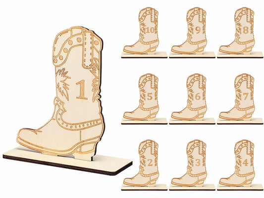 Chunful Wedding Table Numbers 1-10 Wooden Cowboy Boot with Stands Wood Color