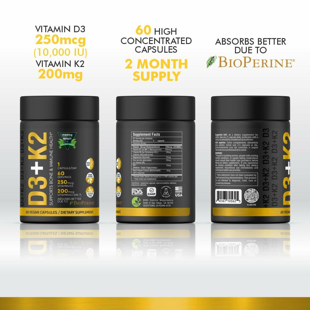 GREEN ROYALTY Vitamin D3 10000 IU + K2 200mcg Soft-Gels 60 White
