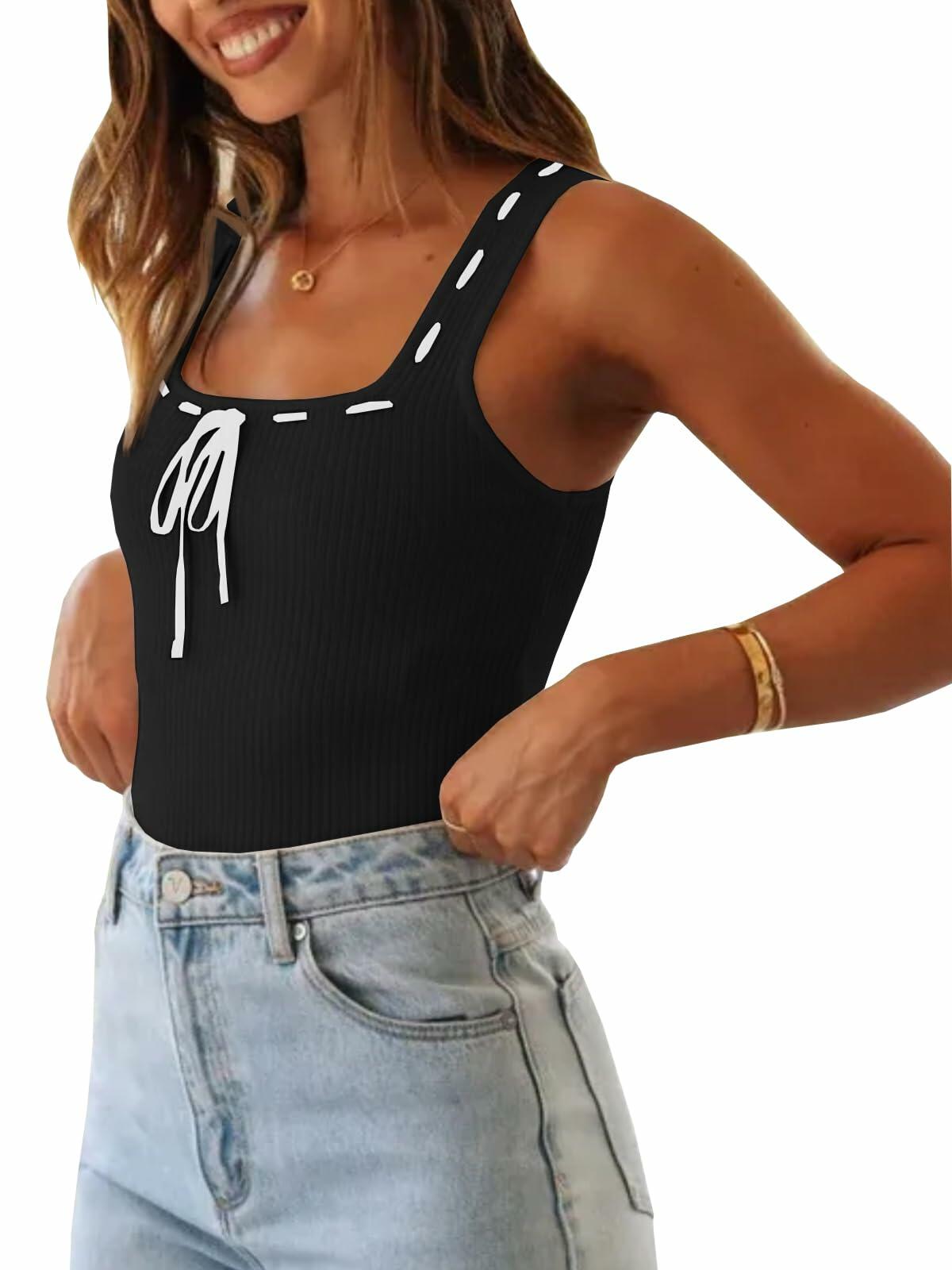 Imily Bela Womens Square Neck Ribbed Tank Top Black Size M