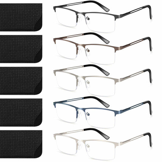 ORANZI 5-Pack Blue Light Blocking Reading Glasses, Half Metal Frame, 1.00