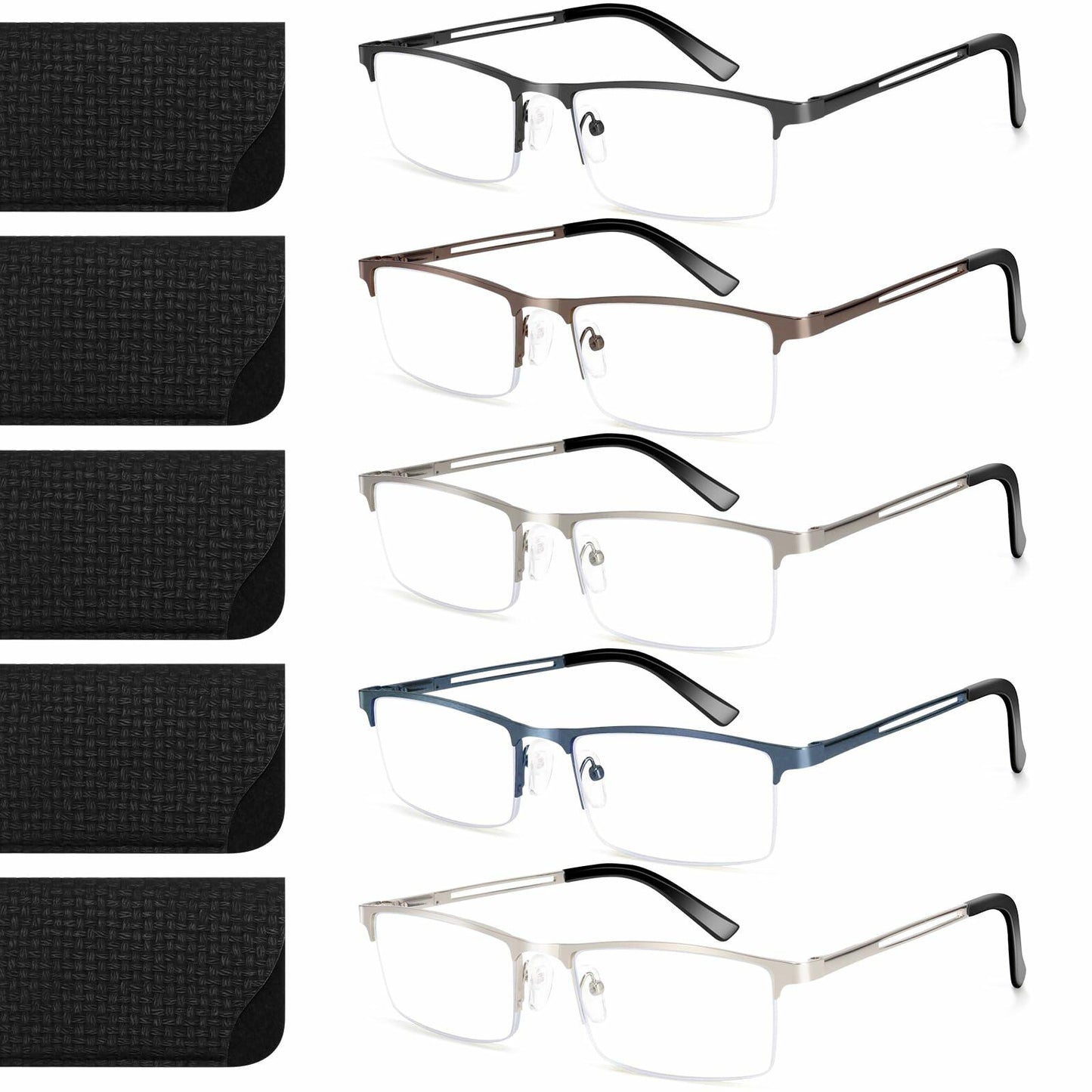 ORANZI 5-Pack Blue Light Blocking Reading Glasses, Half Metal Frame, 1.00