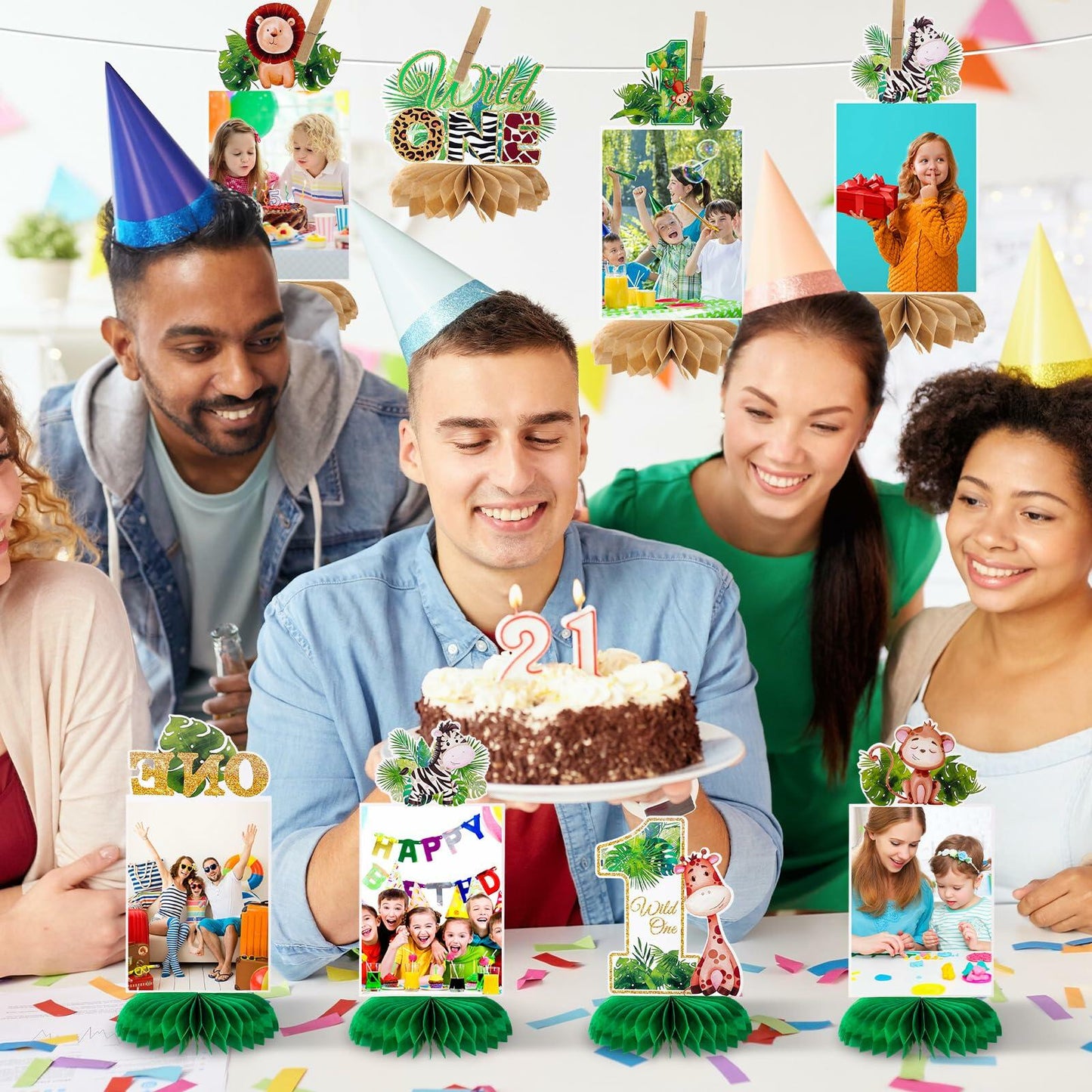 8PCS Wild One Honeycomb Jungle Safari 1st Birthday Table Centerpiece Decor