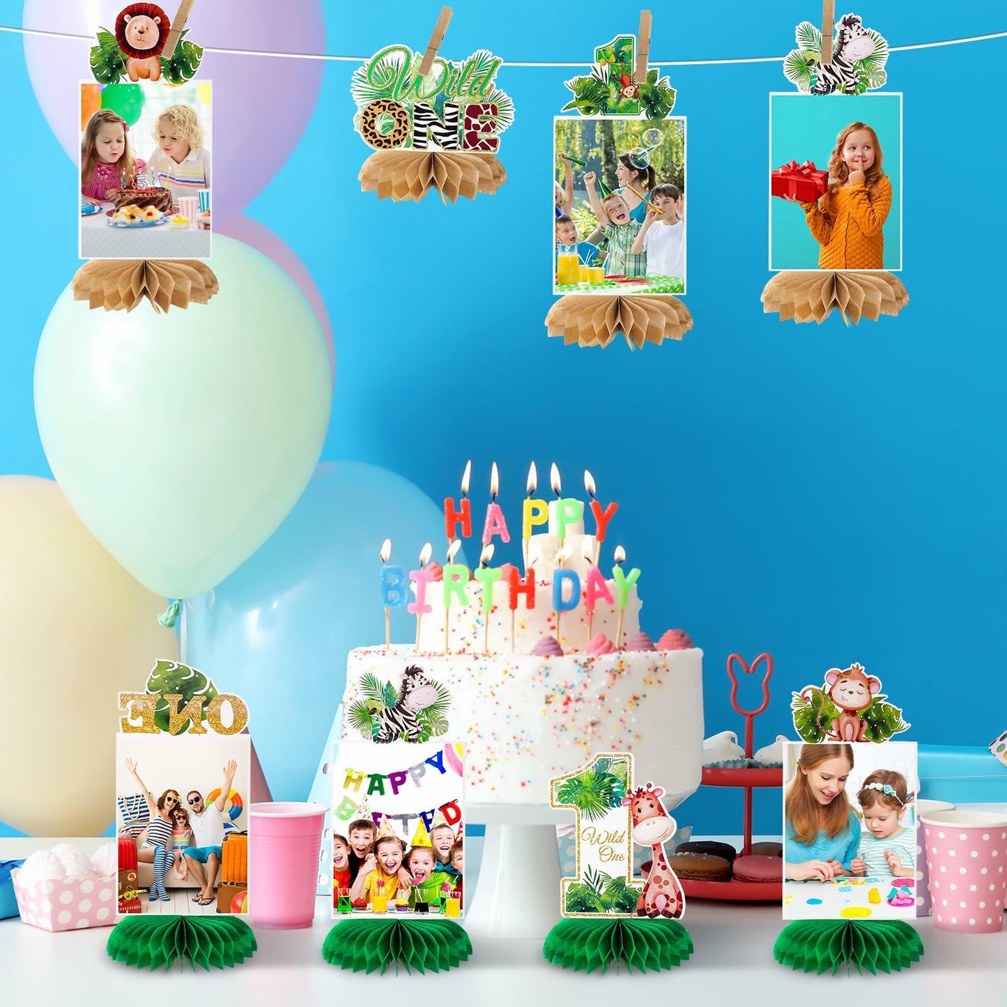 8PCS Wild One Honeycomb Jungle Safari 1st Birthday Table Centerpiece Decor