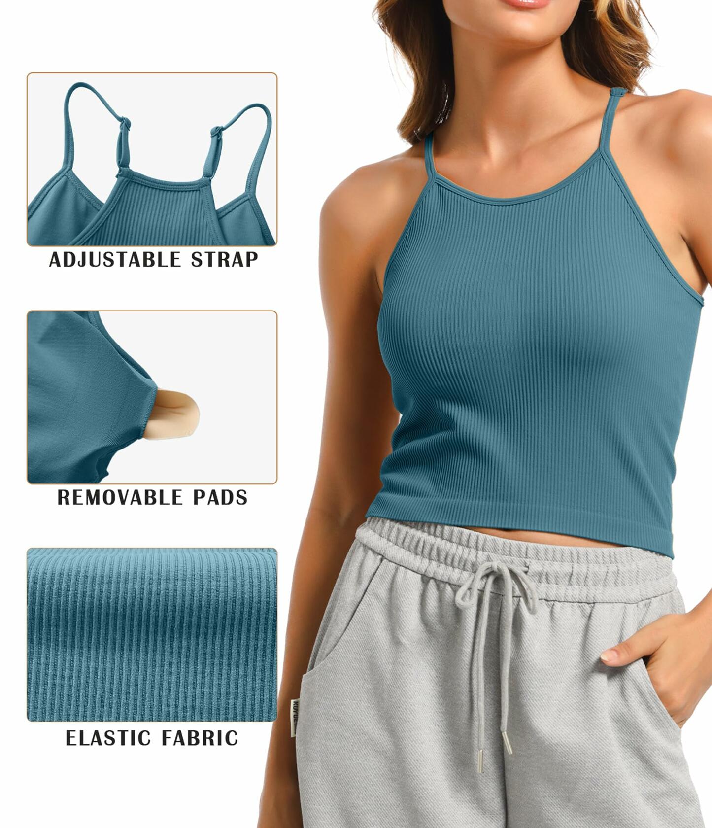 OVESPORT 2-Pack Women’s Workout Tank Tops with Built-In Bra Blue & White L