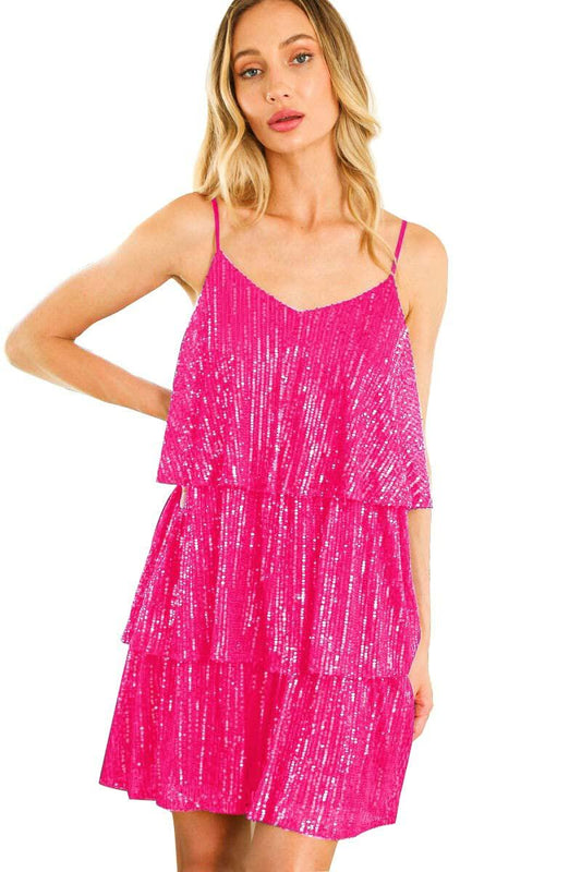 FANSI NOVA Women’s Glitter Sequin Dress V-Neck Spaghetti Strap Hot Pink M