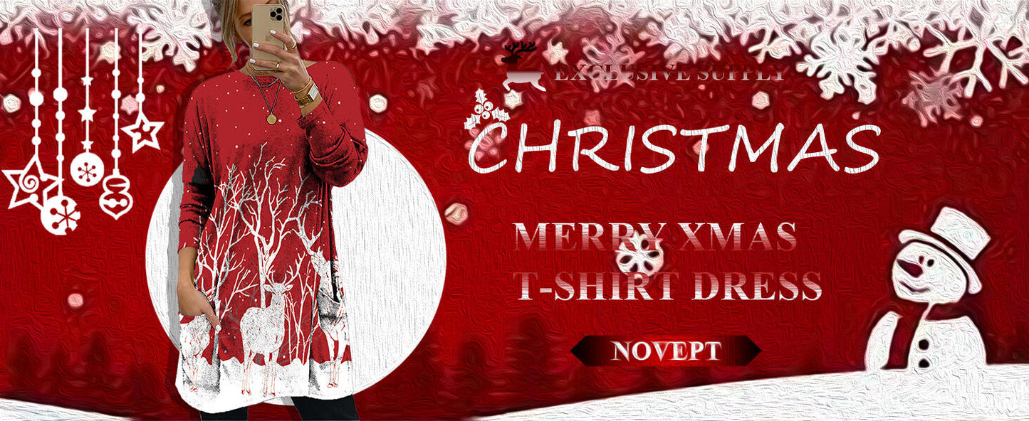 NOVEPT Women’s Reindeer Christmas Shirt Dress – Red, M