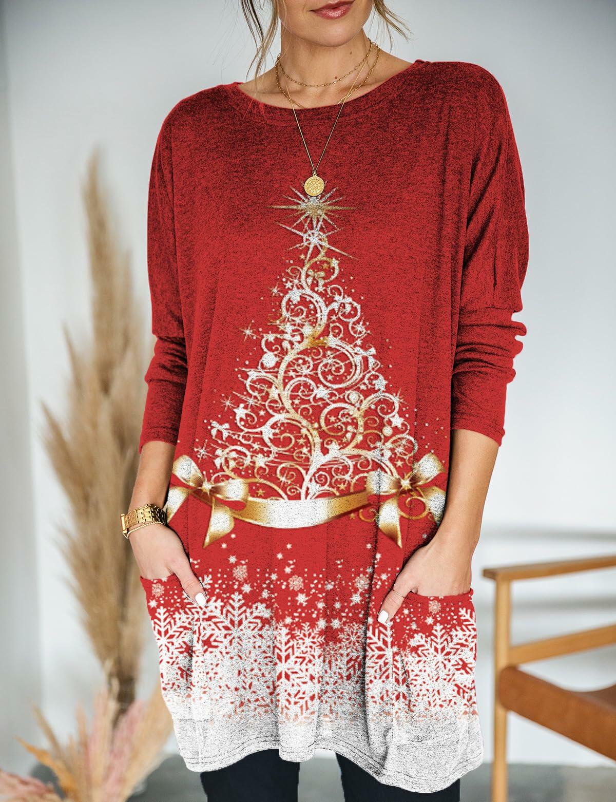 NOVEPT Women’s Reindeer Christmas Shirt Dress – Red, M