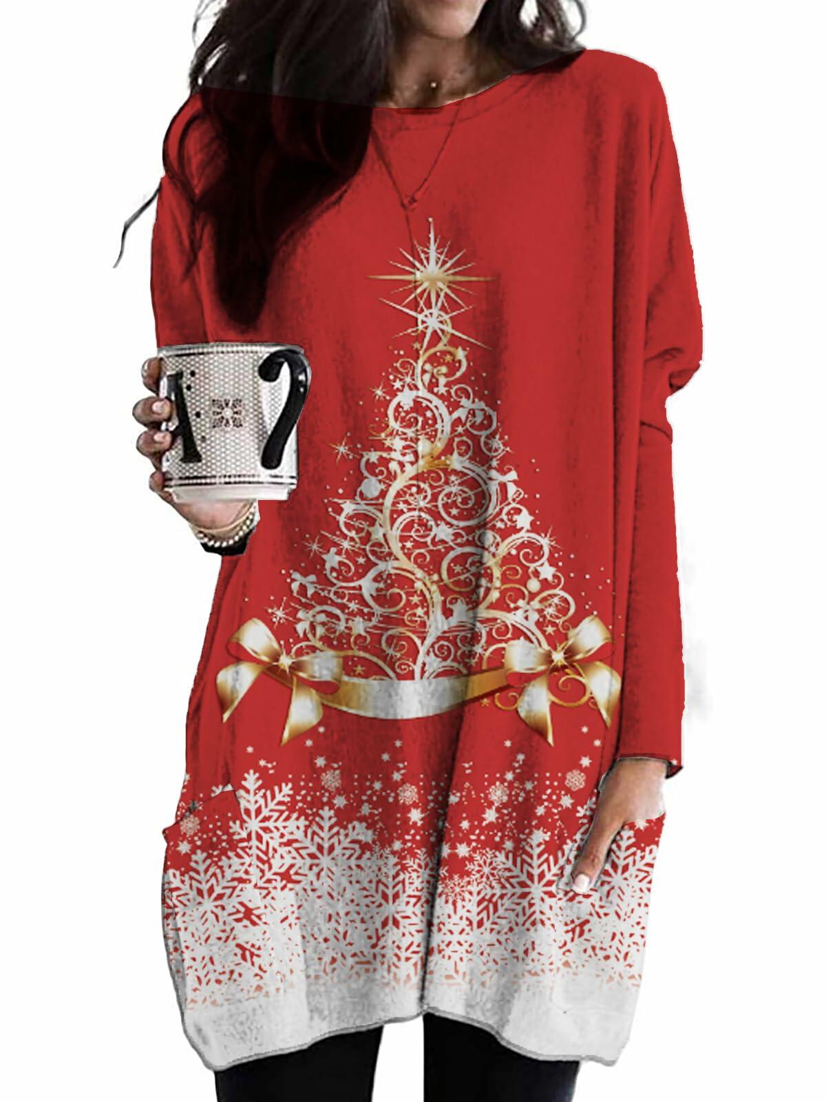 NOVEPT Women’s Reindeer Christmas Shirt Dress – Red, M