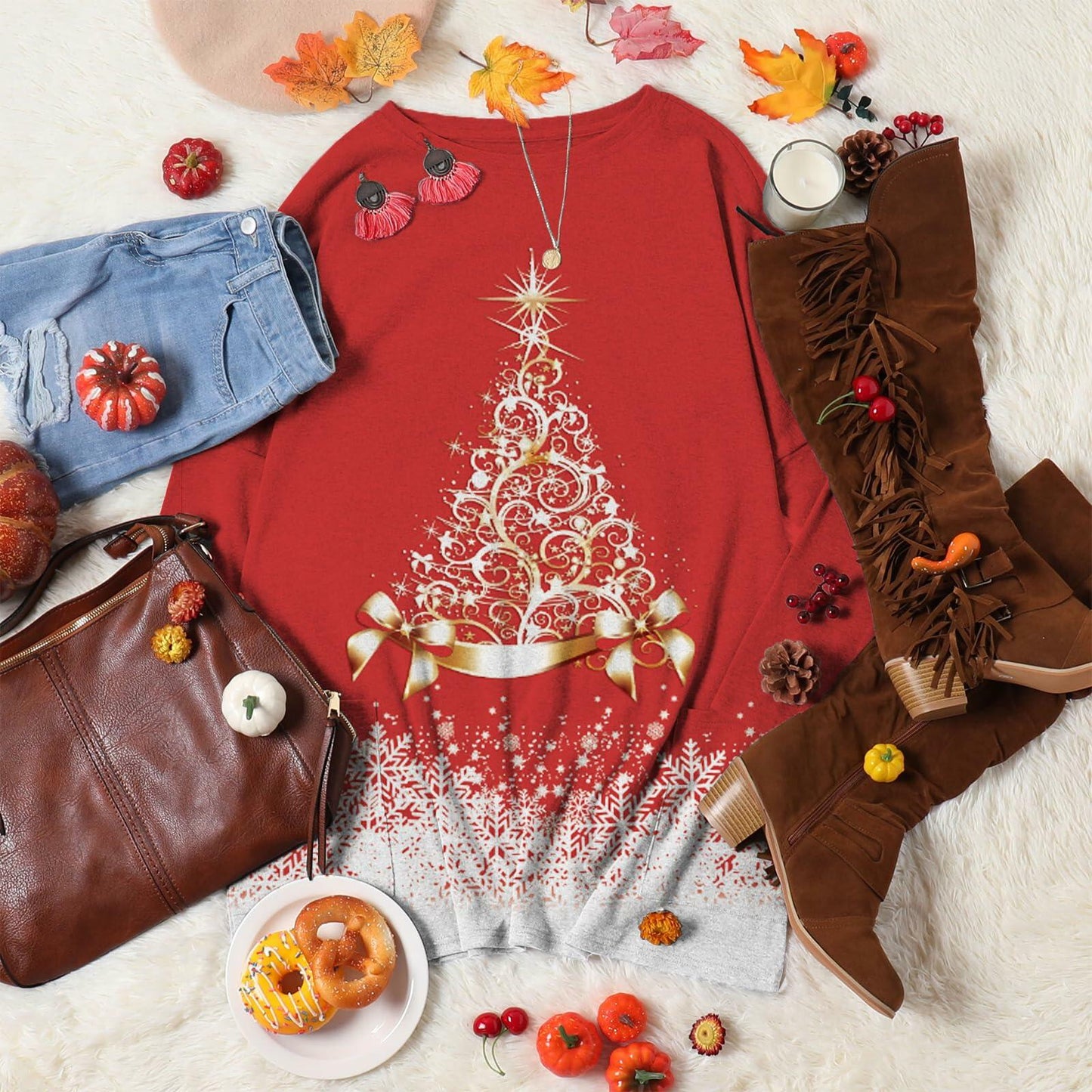 NOVEPT Women’s Reindeer Christmas Shirt Dress – Red, M