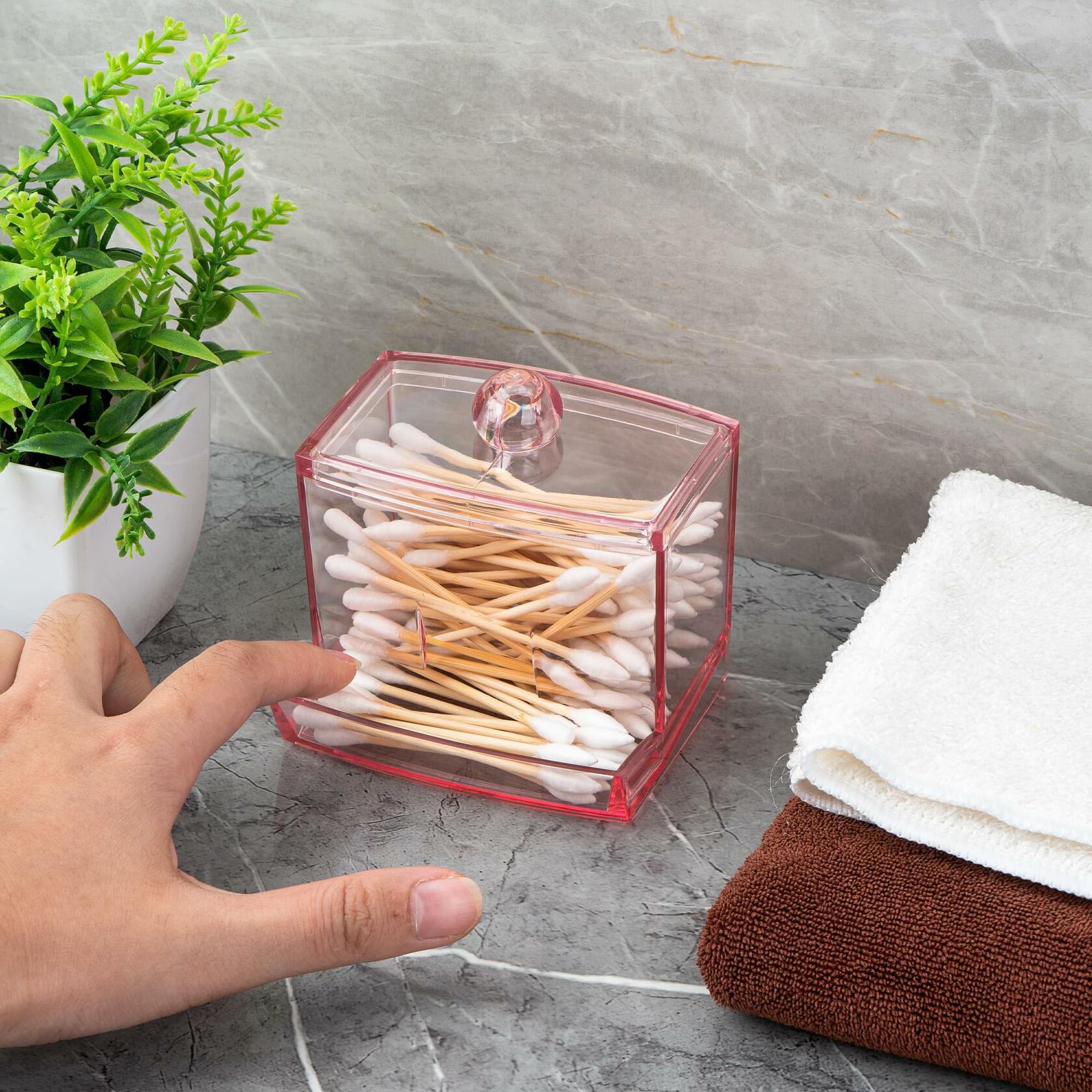 Biiange 2-Pack Acrylic Cotton Swab Holder with Lid 7oz Q-Tip Storage (Pink)