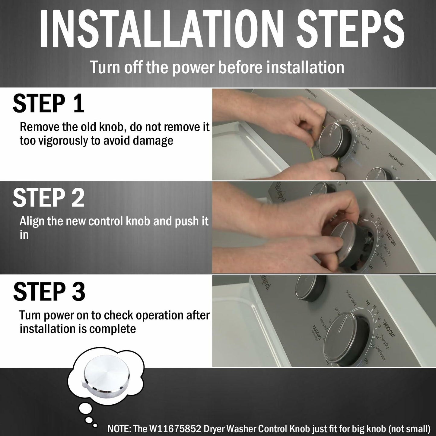 Dryer Washer Control Knob Large 2PCS Fits Whirlpool Maytag W11675852