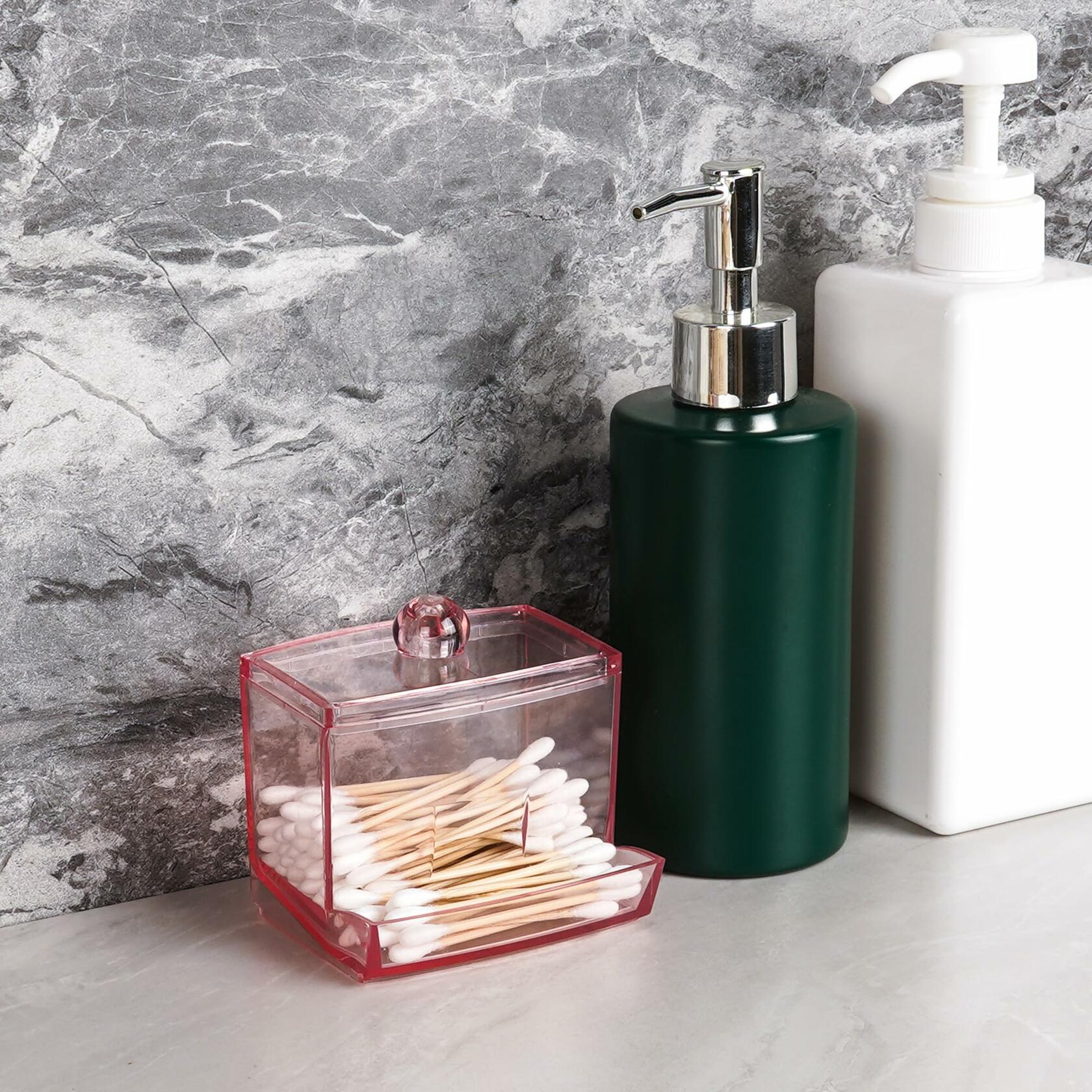 Biiange 2-Pack Acrylic Cotton Swab Holder with Lid 7oz Q-Tip Storage (Pink)