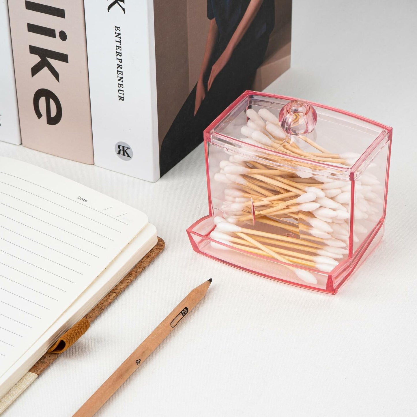 Biiange 2-Pack Acrylic Cotton Swab Holder with Lid 7oz Q-Tip Storage (Pink)